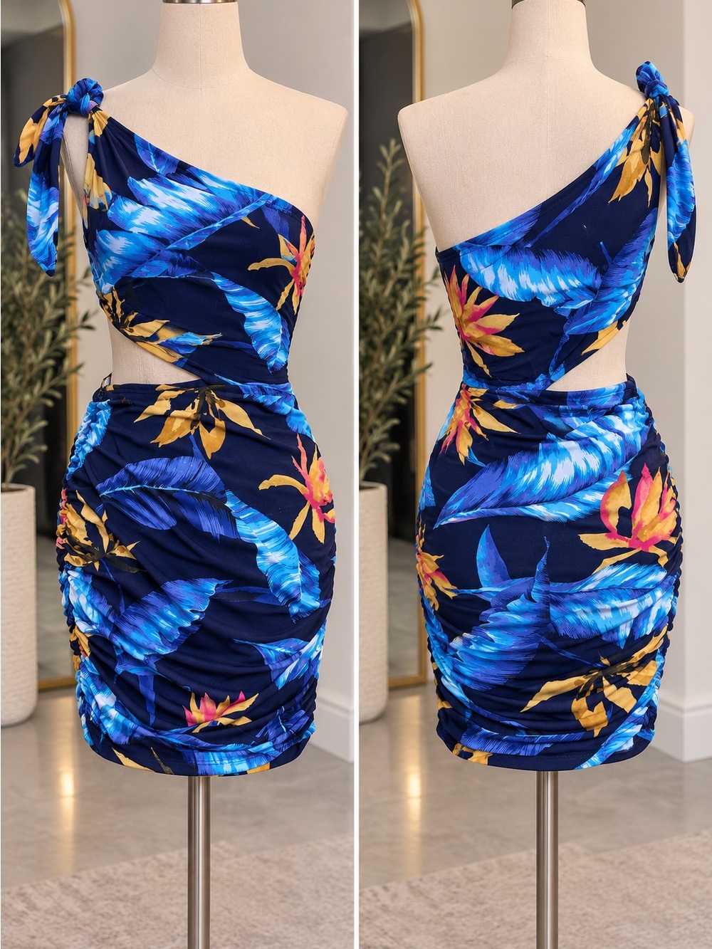Navy tropical-print mini dress